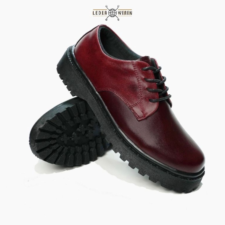 ART R58B Lederweren  Leder Derby2 Wanita Maroon  Sepatu Kulit Tali Wanita
