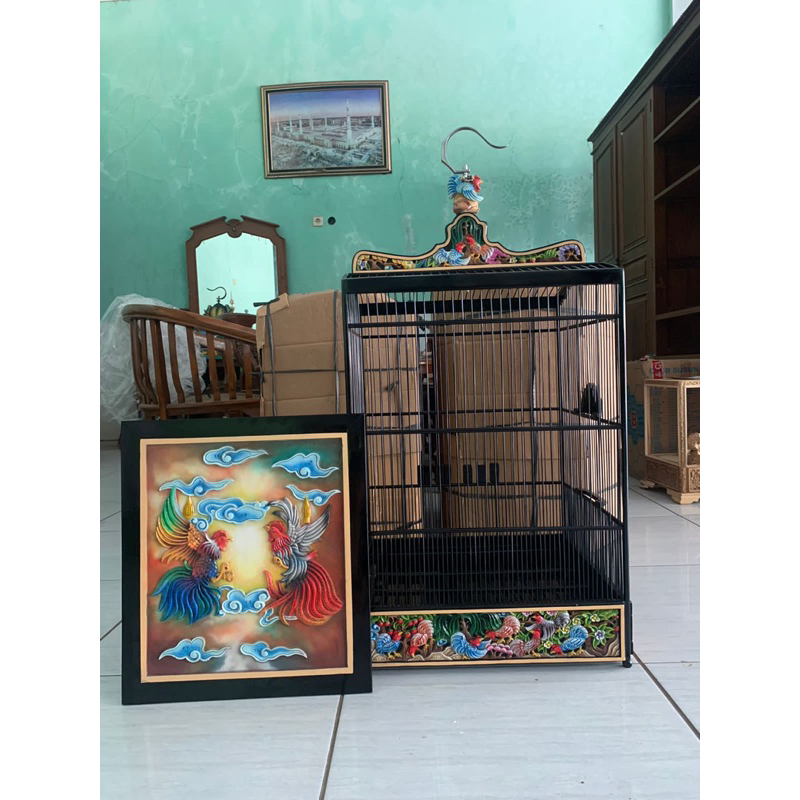 sangkar kotak ukir motif ayam halusan kayu