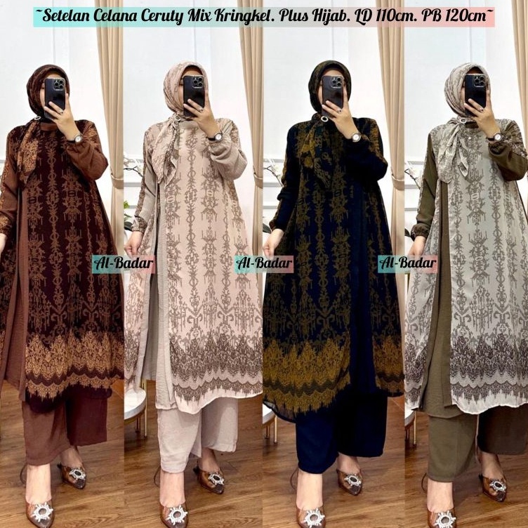BISA COD TERBARU BAHAN CRINCLE MIX DENGAN CERUTY BABY DOLL SETELAH CELANA SET HIJAB ART H7M8