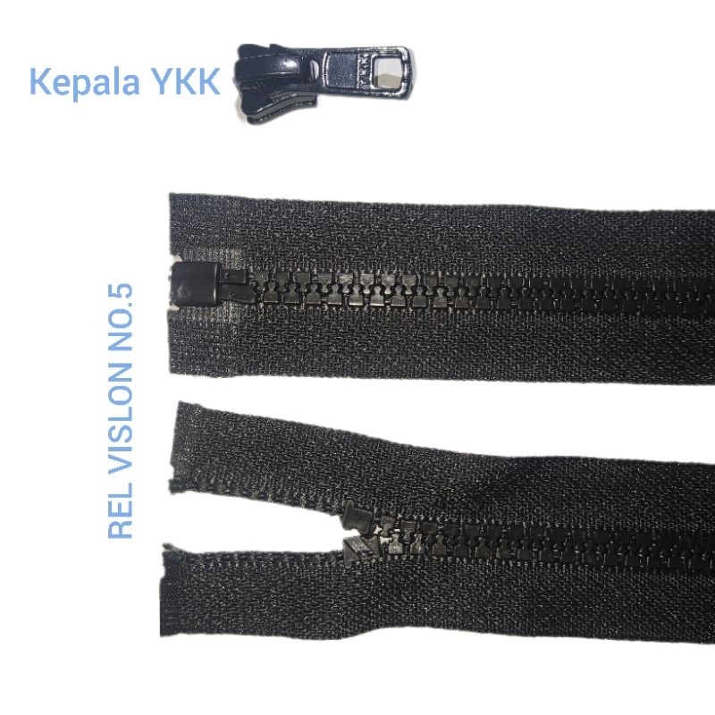 paket resleting jaket vislon hitam & kepala ykk 70cm 80cm 75cm