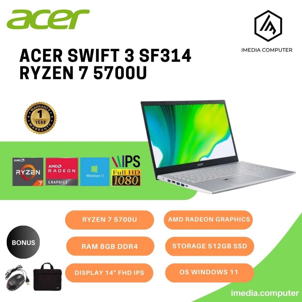 ACER SWIFT 3 SF314-43 RYZEN 7 5700U 8GB 512GB  SSD WIN 11