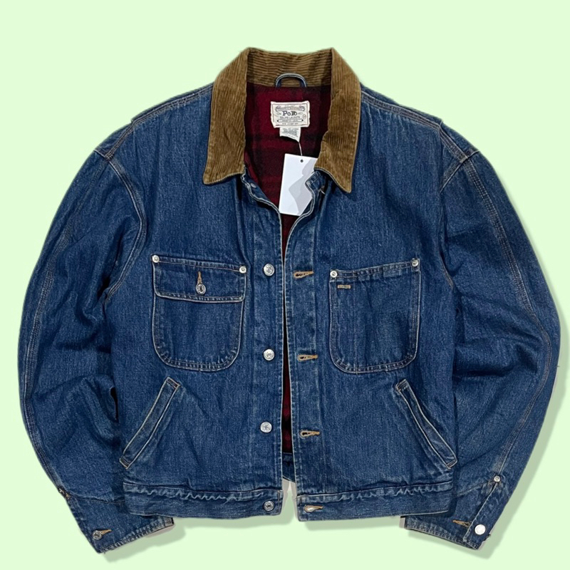 Vintage 80s Polo RL USA Lined Blanked Denim Type 3 Corduroy Collar Trucker Jacket