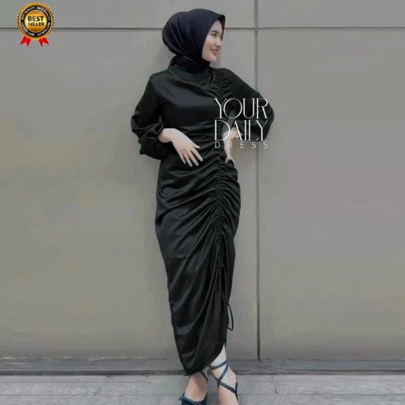 KALEEM Dress Andini Satin Serut Dress Kondangan Kekinian