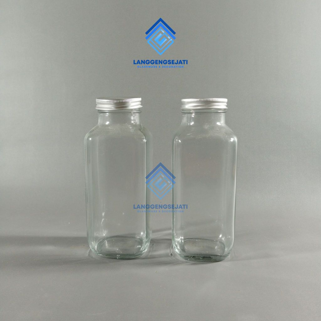 BOTOL MINUM KACA 500-ML PERSEGI KOTAK TUTUP STAINLES / B0TOL KOPI JUS SUSU KACA | GLASS BOTTLE