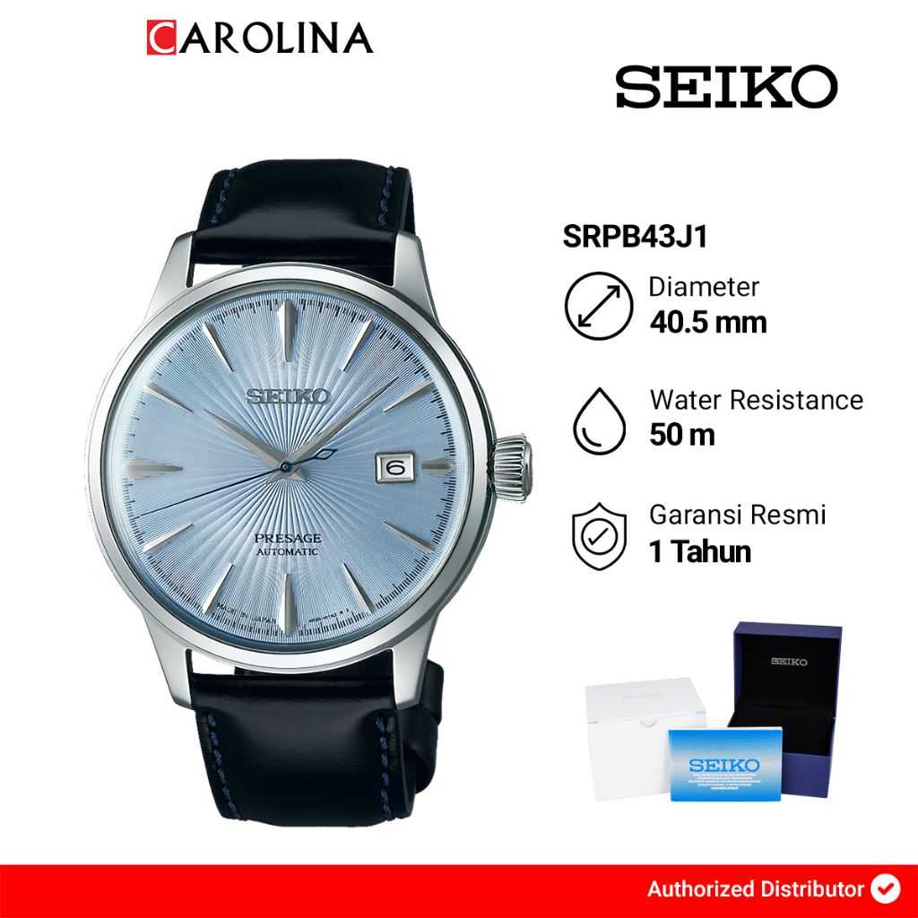 Jam Tangan Pria Seiko Presage SRPB43J1 Skydiving Cocktail Automatic Light Blue Texture Dial Black Le