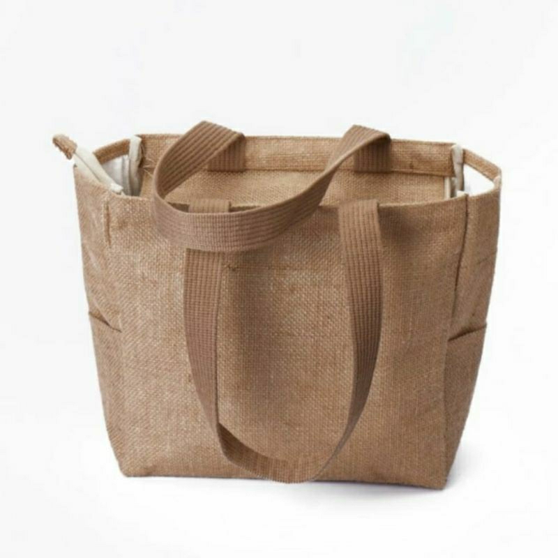 TOTE BAG GONI PREMIUM Fashion Tas Wanita Burlap Classic READY JUTE BAG  - COKLAT