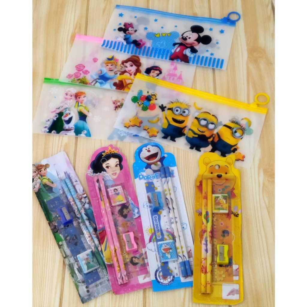

Set Alat Tulis Pouch Zip Lock Transparan Karakter Lucu + Pensil Pena Cute Murah