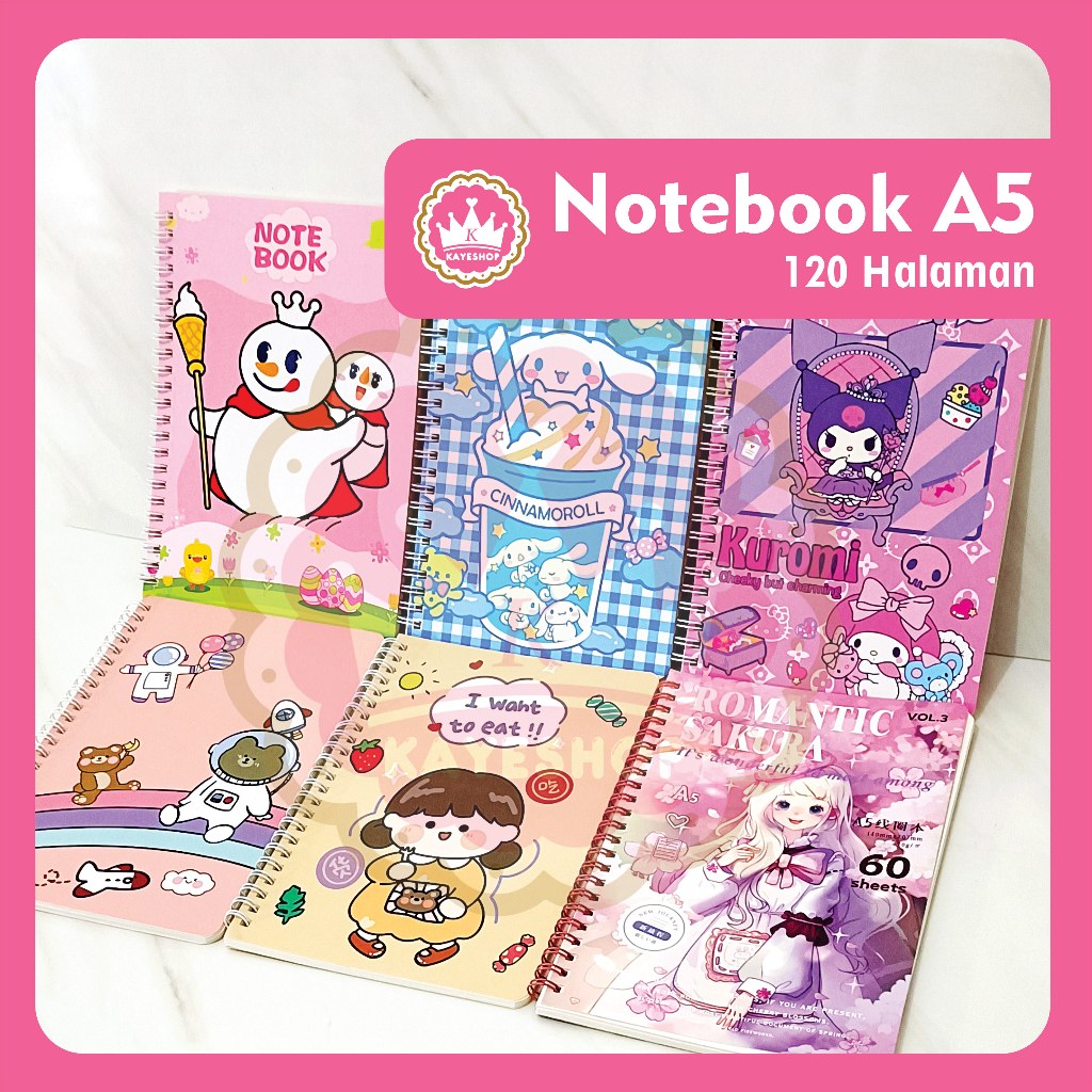 

Buku Tulis A5 isi 60 Lembar Garis | Ring Spiral Notebook Notes Sekolah Motif Kartun Diary Book