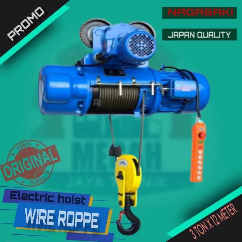 ELECTRIC HOIST WIRE ROPE CRANE 3 TON SELING 12 METER 3 PHASE 380V NAGASAKI JAPAN