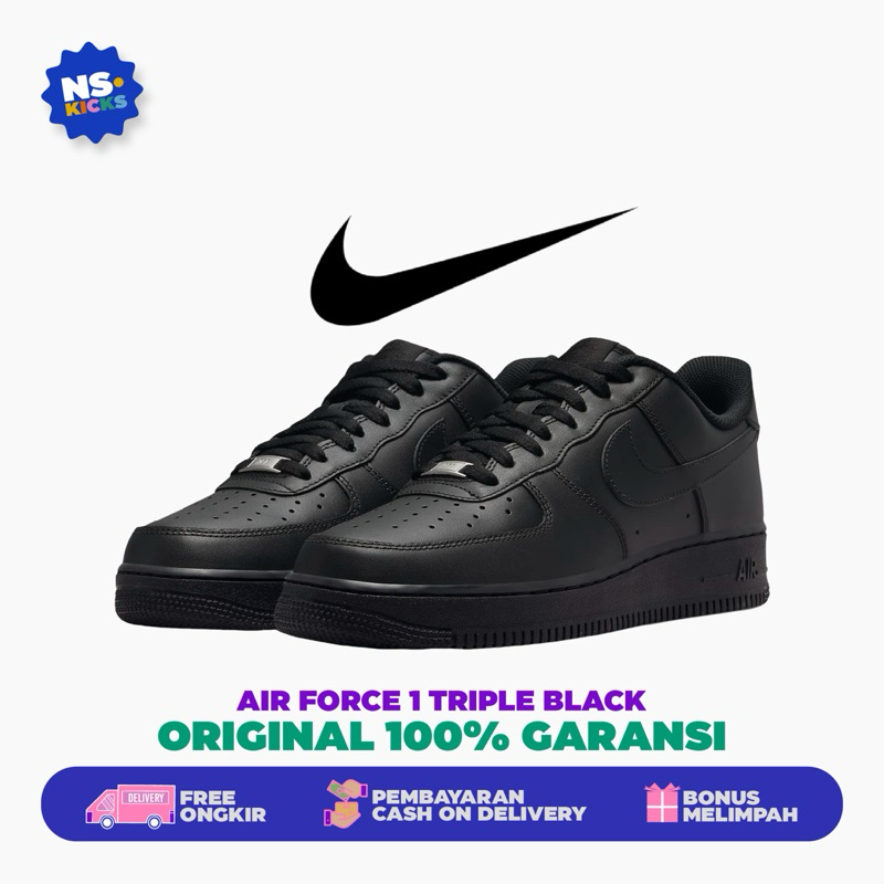 Nike Air Force 1 ‘07 Triple Black Full Black 100% Original - Sepatu Sneakers Wanita dan Pria