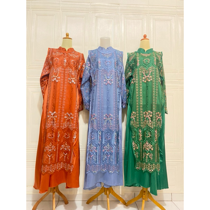 NEW ARRIVAL GAMIS SWAN Kombinasi Brukat Tile Two Tone Cantik Elegan Muslimah Dewasa Mocca Hijau Emer