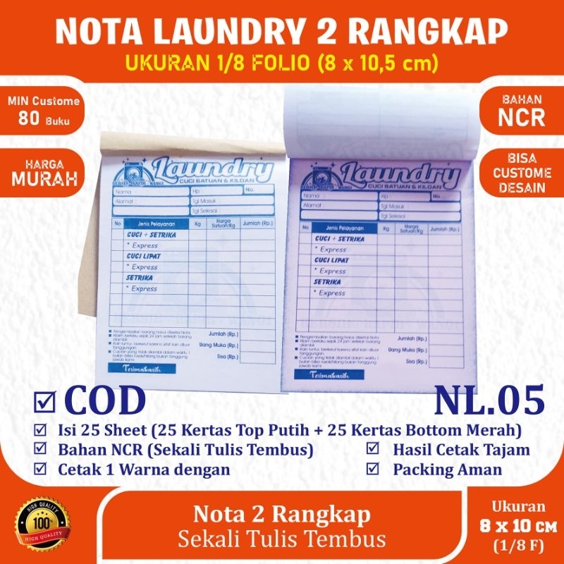 

Nota Laundry 1/8 folio Rangkap 2 (2 ply) isi 25 set NCR Motif NL.3