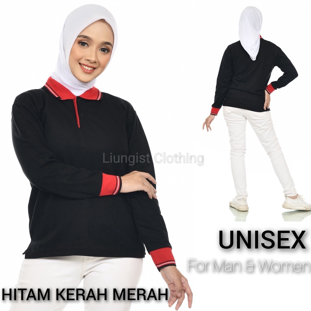 Terkini Kaos Polo Panjang Unisex Hitam Kerah Merah  Kaos Kerah  Poloshirt  Polo Shirt Panjang