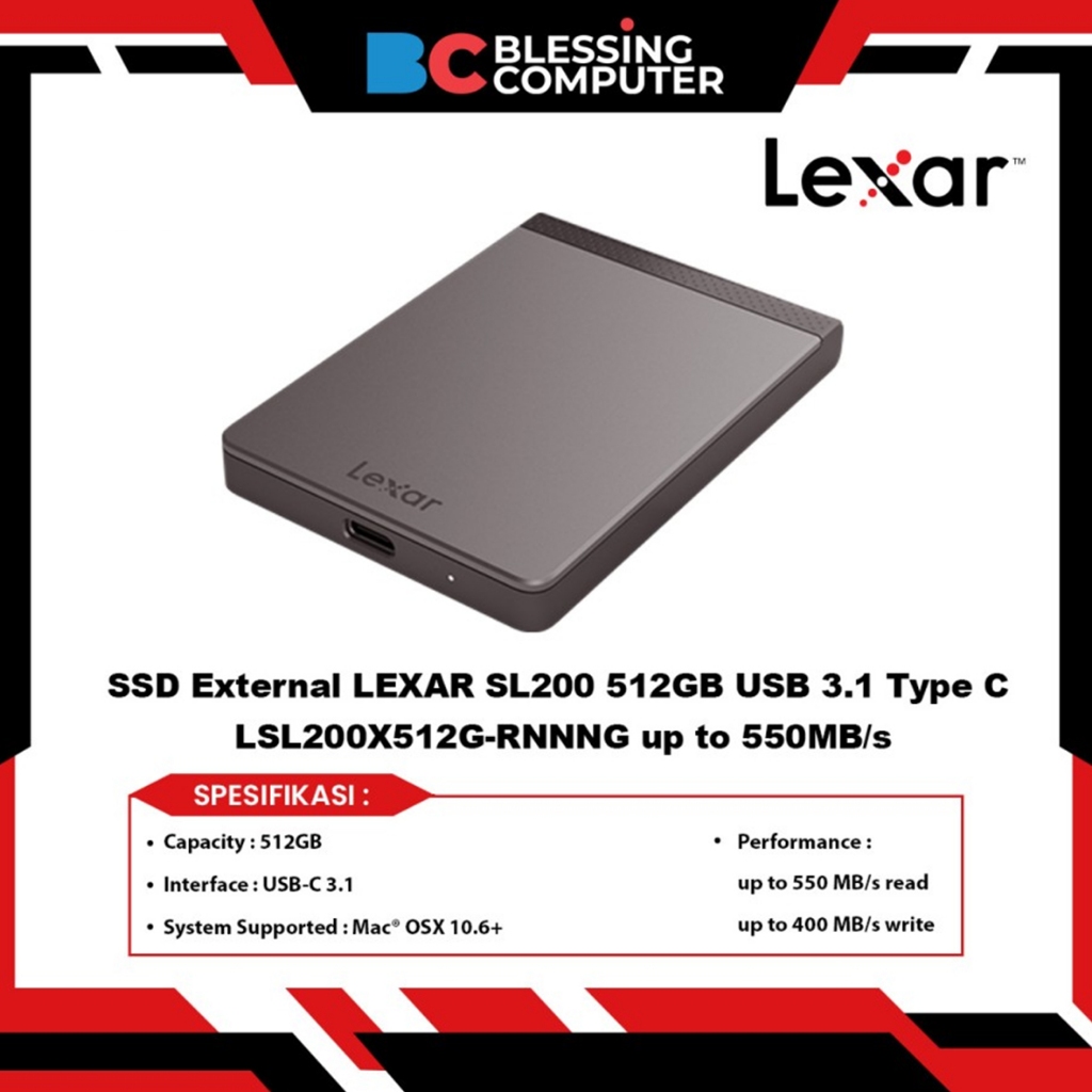 SSD External LEXAR SL200 512GB USB 3.1 Type C LSL200X512G-RNNNG