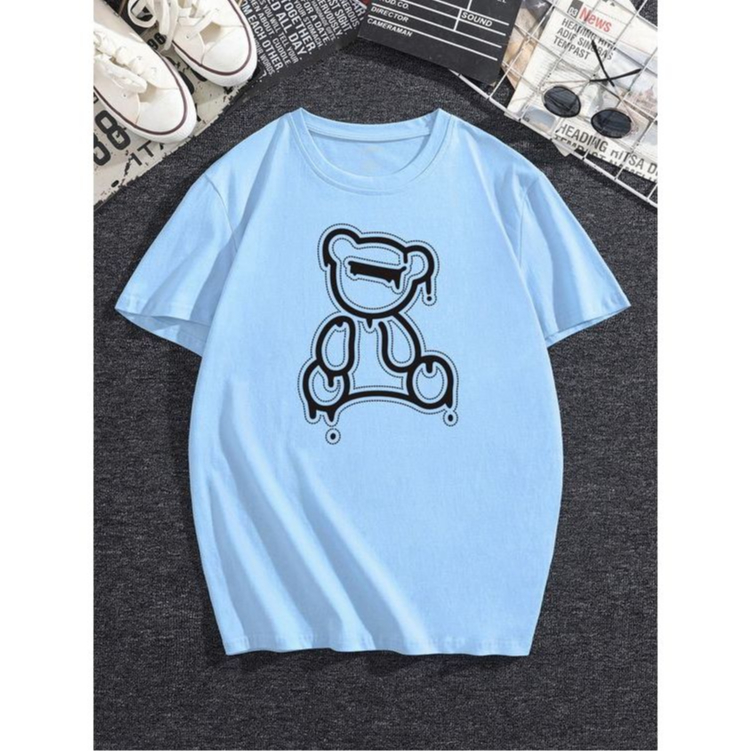 Baju Kaos Katun Distro Pria Warna Biru Motif Bear Keren / Kaos Lengan Pendek Biru Muda Premium Quali
