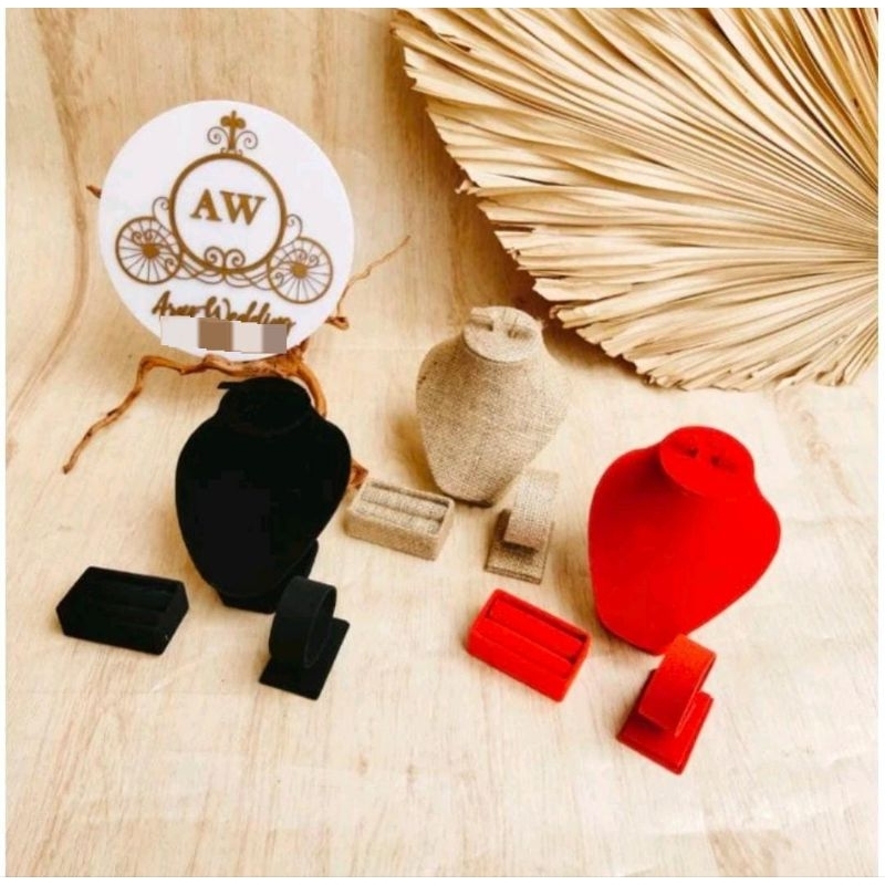 Manekin Kalung Goni Display Perhiasan Kalung Cincin Gelang Bludru Kain Rami Set Patung Kalung