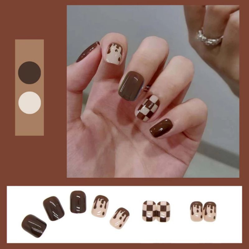 kuku palsu motif catur warna brown