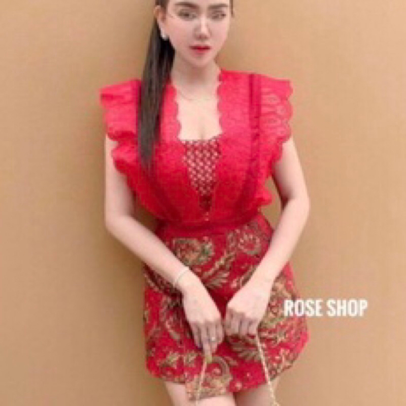 DRESS JUMPSUIT merah cheongsam imlek pakaian 1 set wanita red playsuit rok celana tank top crop sexy