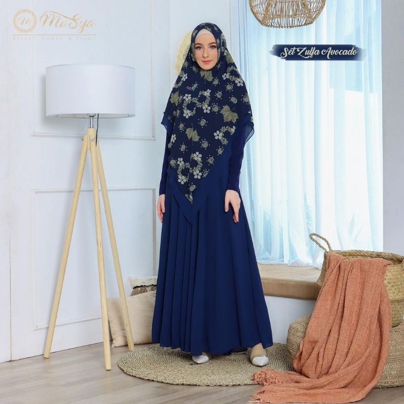 Set Gamis Dress Ceruty Babydoll Syari Branded Prinitng Navy - Grey - Avocado - Grape Mewah Masya Sya
