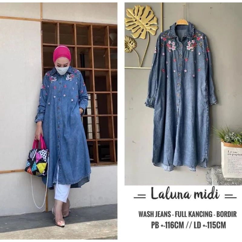 Laluna Midi Dress Jeans Wash Premium Hight Quality/Long Tunik Jeans Bordir Kekinian/Dress Denim Wani