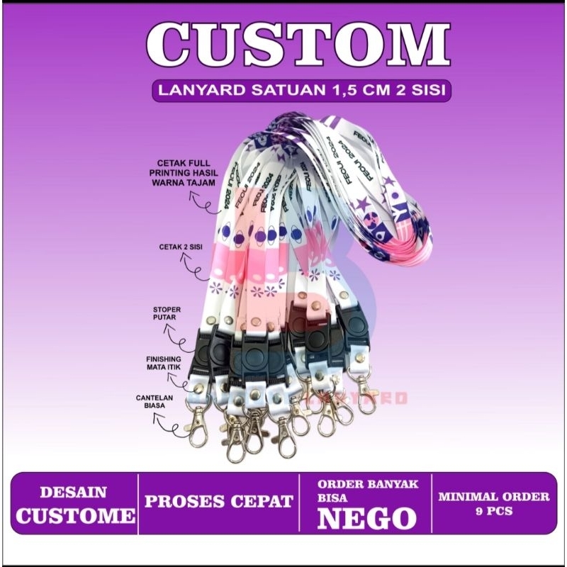 

custom tali lanyard / gantungan kartu nama / tali name tag printing 1,5 cm 2 sisi bahan tali tisu printing