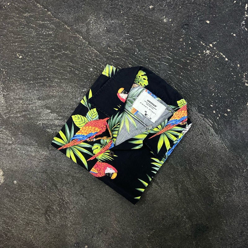 UnderAir Open Collar Shirt Short Sleeve Pattern Leaf / Bird Black