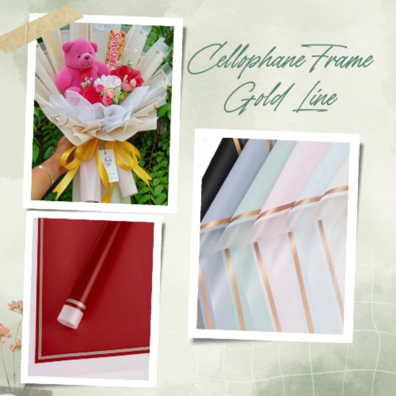 

Cellophane List Gold Transparan per 5 lembar dan 20 lembar TRANSPARENT FRAME GOLD LINE FLOWER WRAPPING CELLOPHANE WATERPROOF Free Packing