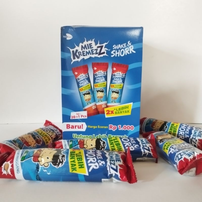 

mie kremez shake & shorr satu box isi 10 eceran 1000