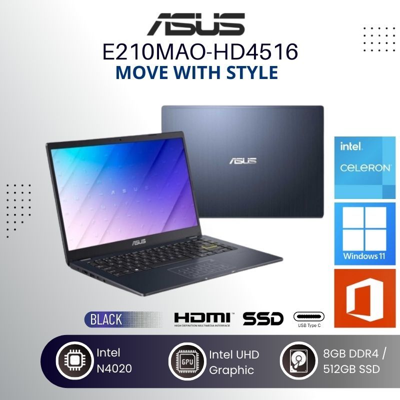 ASUS Vivobook E210MAO-HD4516 - INTEL N4020 - 8GB - 512GB SSD - 11"6 - WIN11 - OFFICE HOME STUDENT