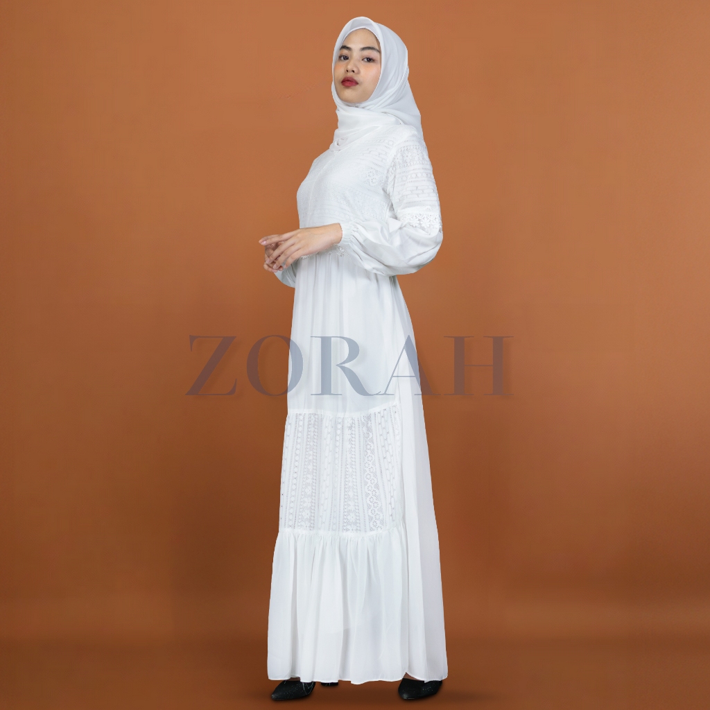 Premium Zorah Gamis Putih Brokat Wanita Simple Elegan Busui & Wudhu Friendly Dress Brukat Putih