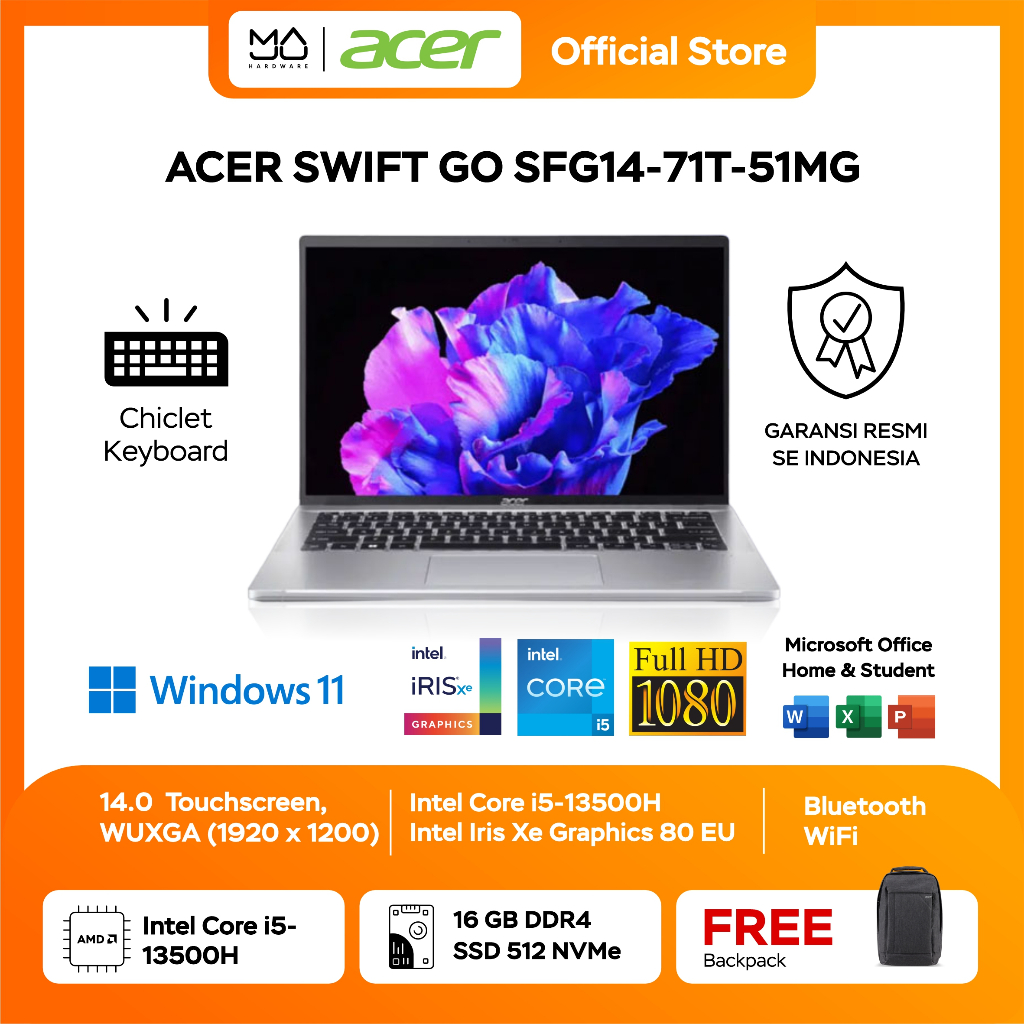 Laptop Acer Swift GO SFG14-71T-51MG TouchScreen – Pure Silver [i5 13500H-16GB-SSD 512GB]
