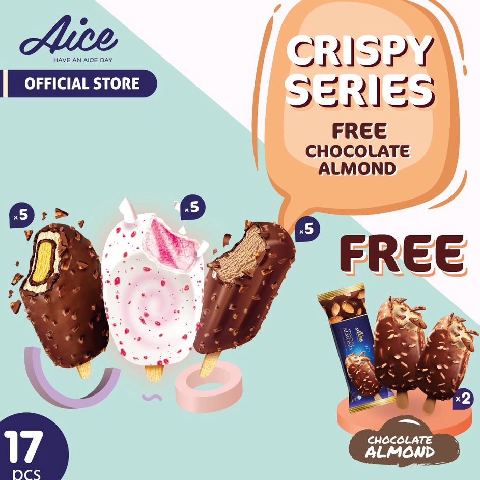 

COD Paket Aice Ice Cream Crispy series free Chocolate Almond isi 17 pcs