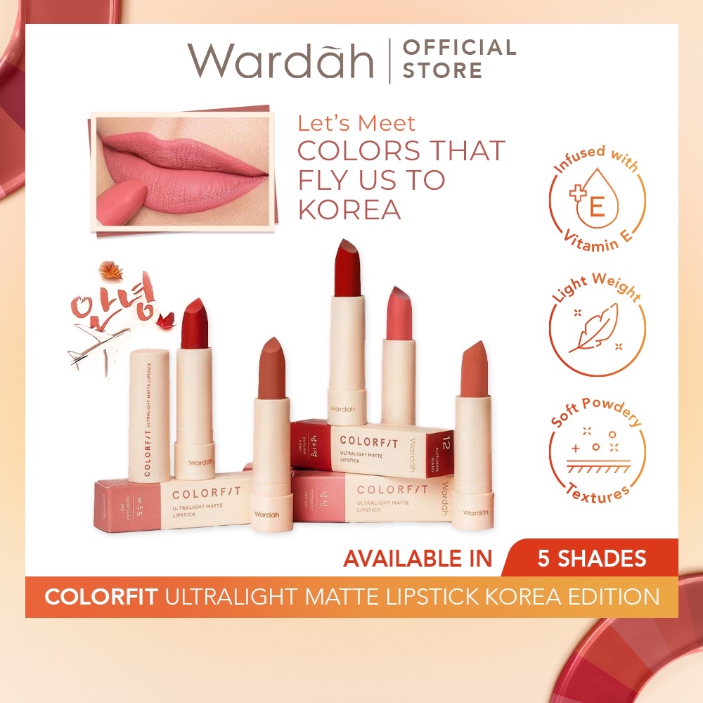 Wardah Colorfit Ultralight Matte Lipstick01 Parfait Pink, 02 Summer Peach, 03 Caramel Nude, 04 Mocca