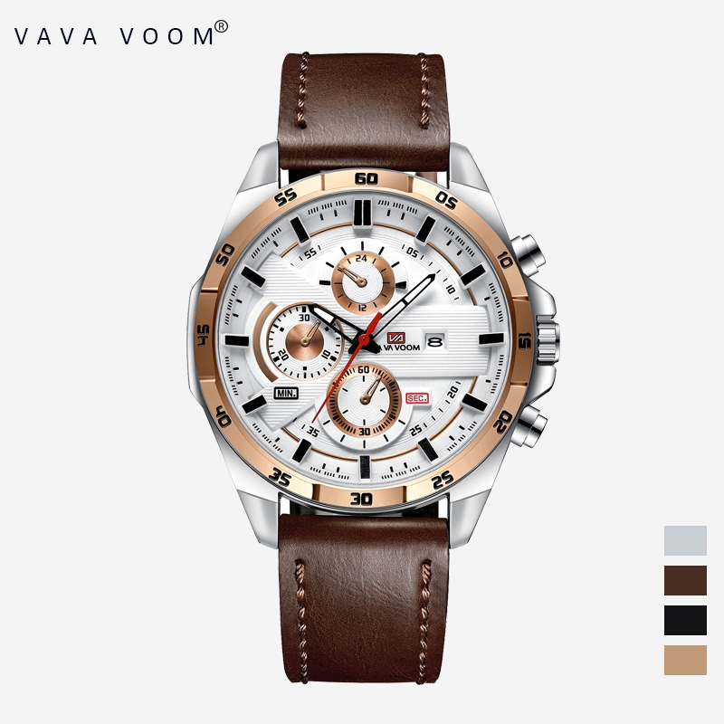 VAVAVOOM 216 Jam Tangan Pria Kulit Stainless Steel Analog Quartz Original Tahan Air Watch + Kotak Gratis-216-PZ1