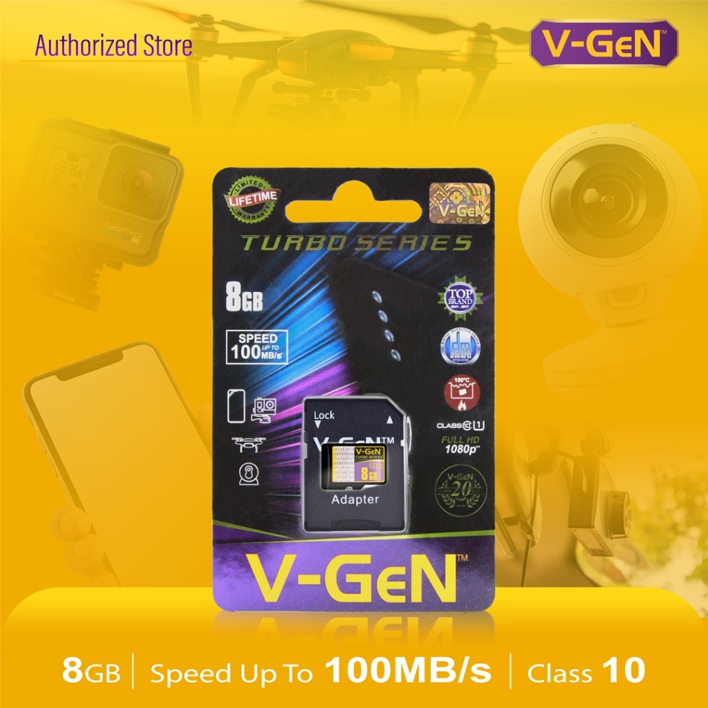 V-GeN Micro SD 8GB Turbo Class 10 +Adapter VGEN Memory Card MicroSD 8 GB Class10