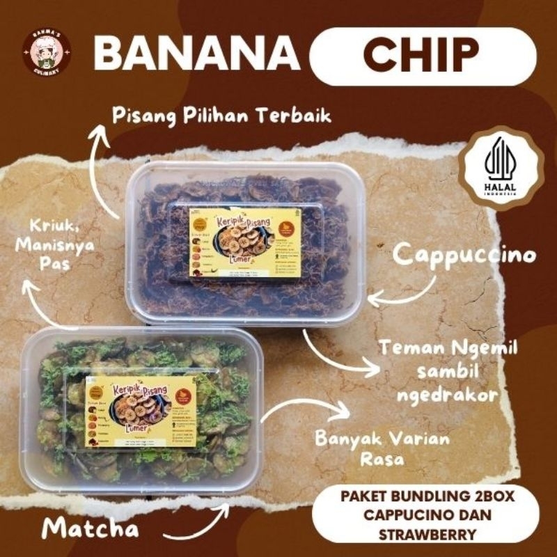 

PAKET HEMAT BUNDLING / Keripik Pisang Lumer 2 Box Mix. Variant Rasa Cappucino Mix. Matcha/500g