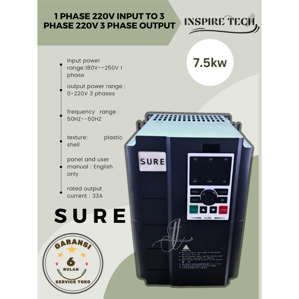 Inverter 7.5KW 220V single past input To 220v 3phase output Speed Controller Variabel SURE INVERTER
