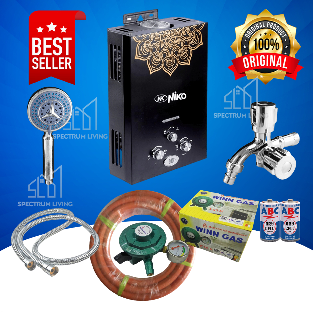 [COD] Paket Lengkap Terbaru Water Heater Pemanas Air Gas Niko Kran Stainless Steel