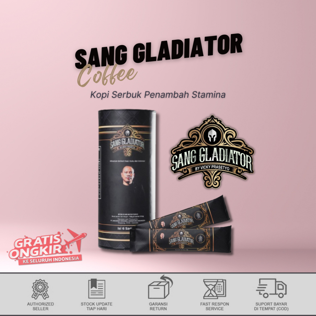 

Kopi Sang Gladiator by Vicky Prasetyo - Kuat Tak Terkalahkan - 1 Pack Isi 6 Sachet Sudah Halal BPOM