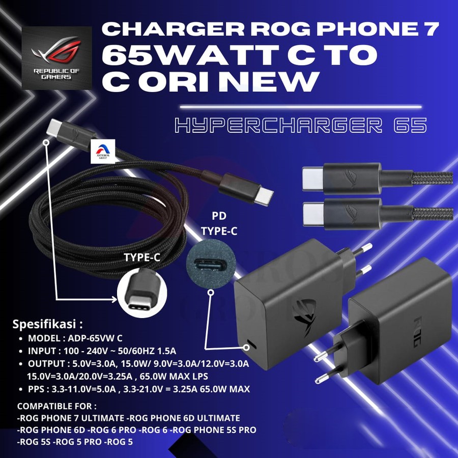 HyperCharge Kabel Asus ROG Phone 5 5s 6 6D 7 Ultimate Pro 65W Charger