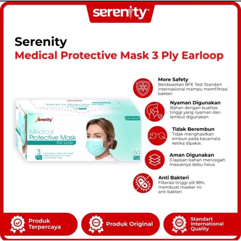 Serenity Medical Protective Mask 3 Ply Earloop isi 50
