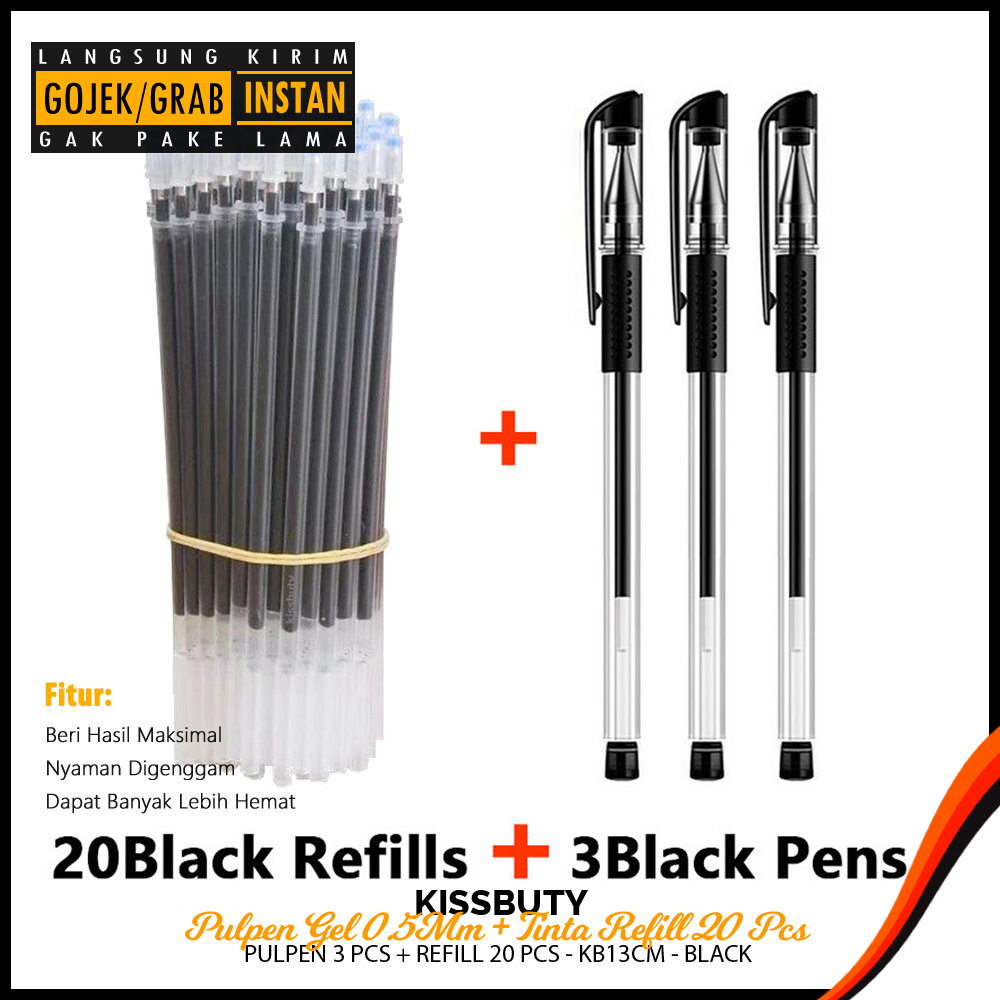 KISSBUTY Pulpen Gel 0.5mm 3 PCS plus Isi Ulang Tinta Refill 20 PCS - KB13CM - Black