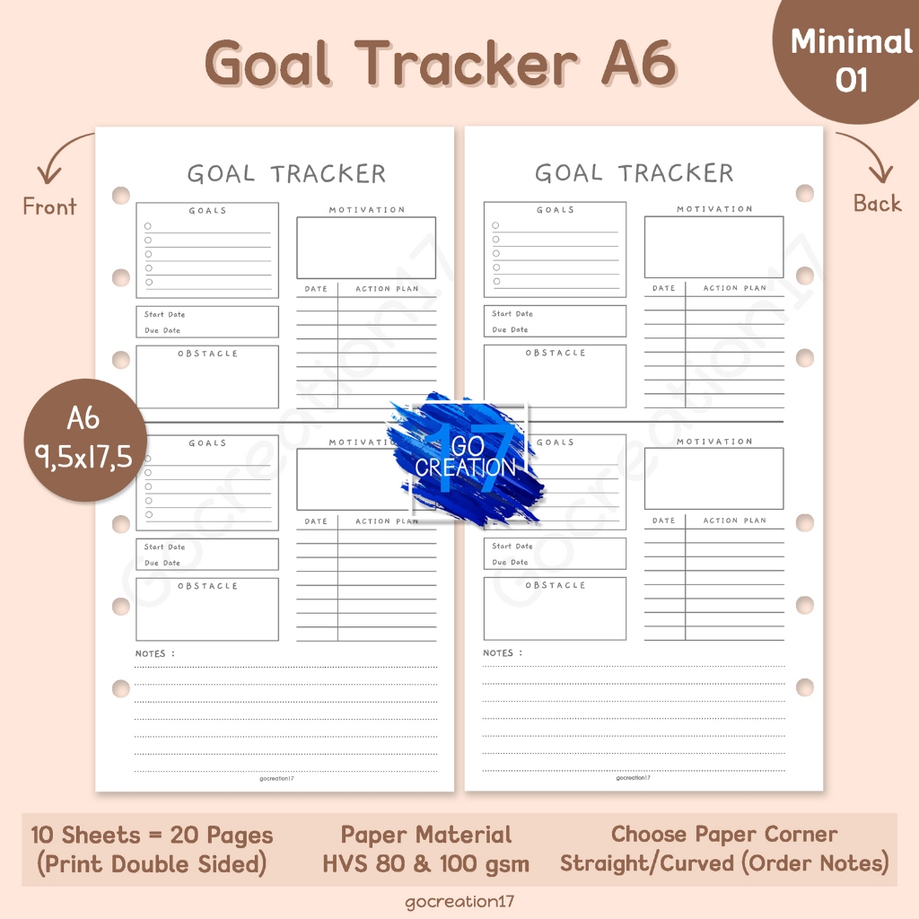 

Buku Planner Refill Kertas Isi Binder Goal Tracker Simple Minimalis A6