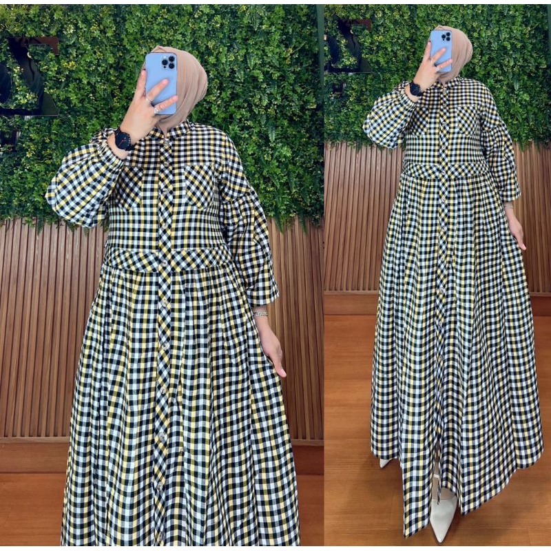 gamis kotak katun linen READY