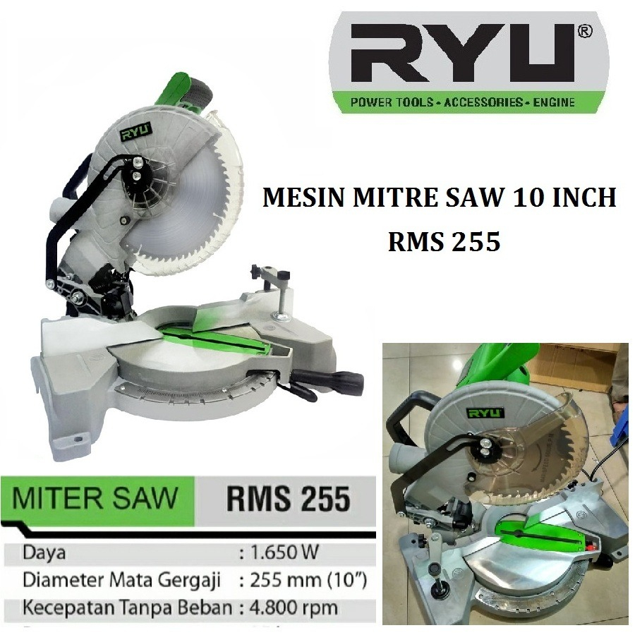 RYU 10 Inch Gergaji Mitresaw RMS255 Mesin Belah Potong Kayu Aluminium Miter Saw 10" 255mm Mittre Saw