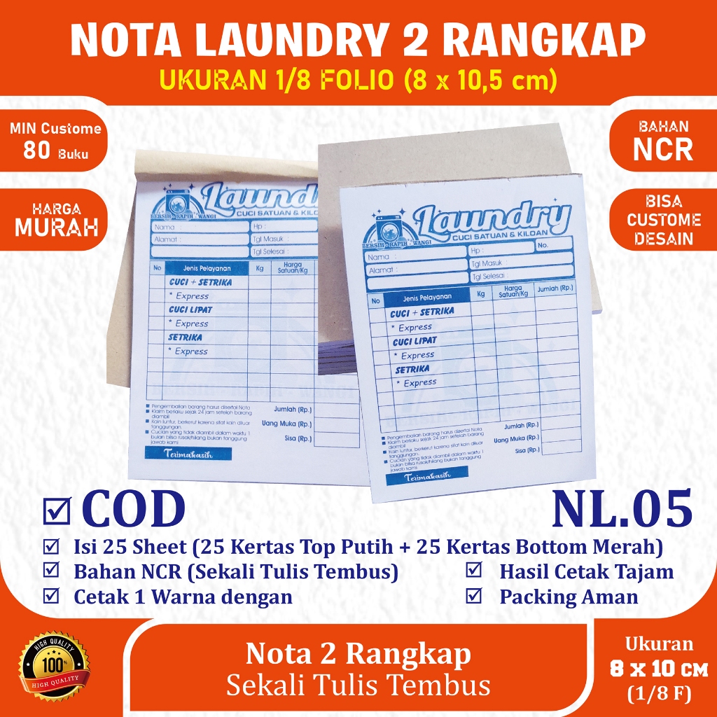 

Nota Laundry, Bon Laundry NCR 2 play 1/8 folio isi 25 set Motif 3 Cetak Biru