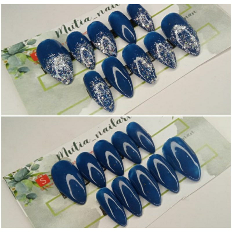 Kuku palsu Biru elektrik polos / free lem gel / wedding fake nails/ nailart