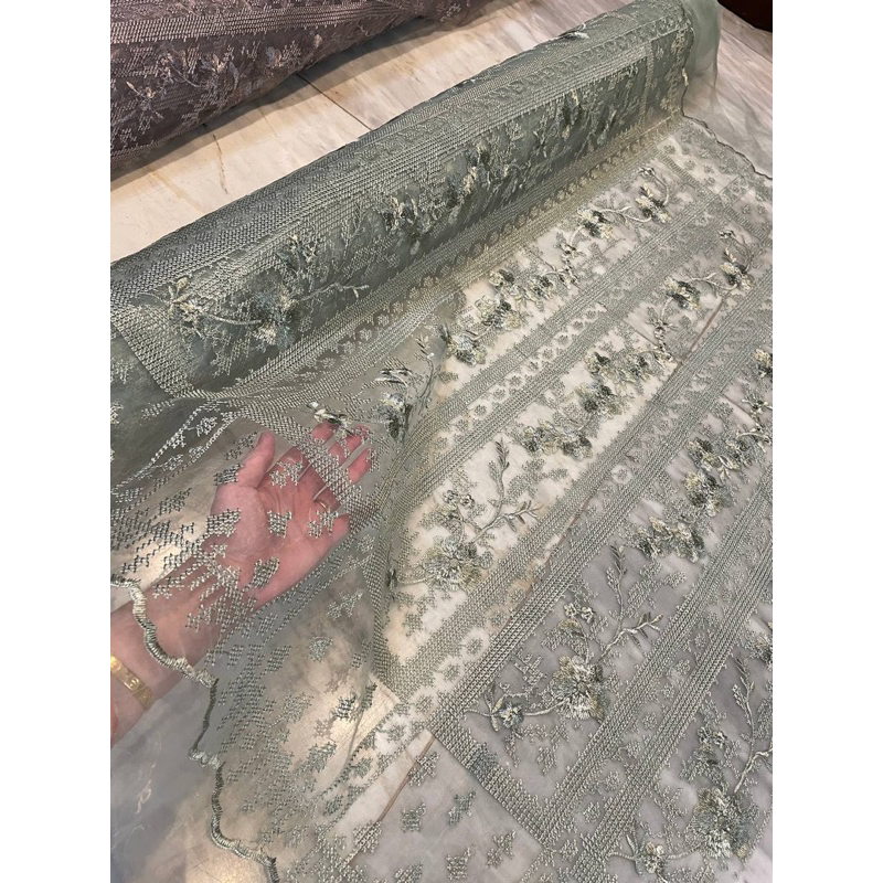 Kain Organza Bordir Premium Motif Saphire Etnik Sumba Bahan Kebawa Mewah Warna Hijau Sage Green