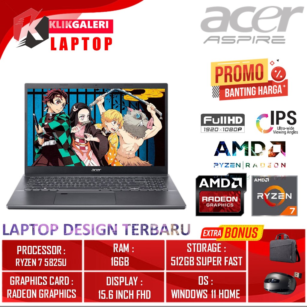 Laptop Terbaru Acer Aspire 5 Slim A515 Amd Ryzen 7 5825U 16GB 2TB SSD 15.6 Fhd Ips