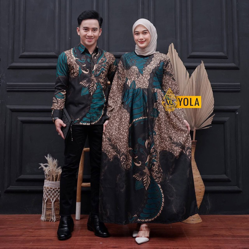 couple gamis batik dan kemeja pria lengan panjang sangku ijo